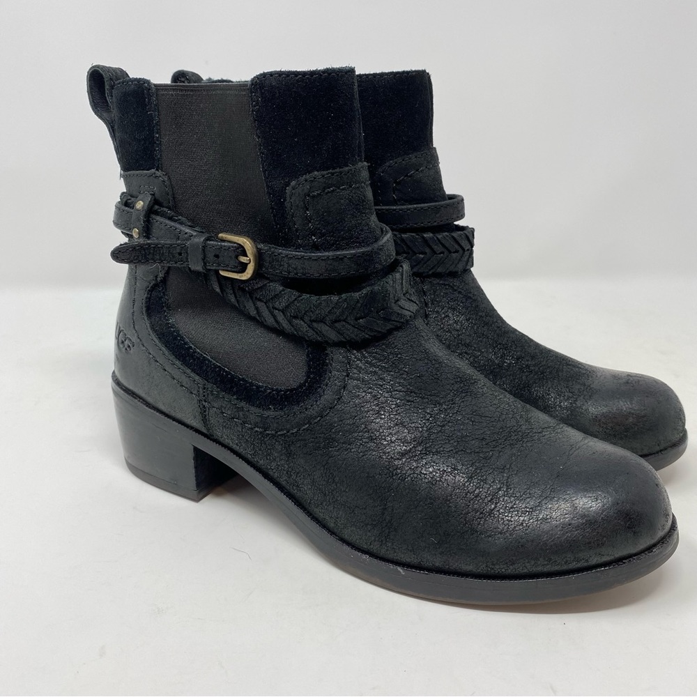 UGG Krewe Black Leather Shearling Moto Ankle Boots Size 6 - Picture 1 of 9